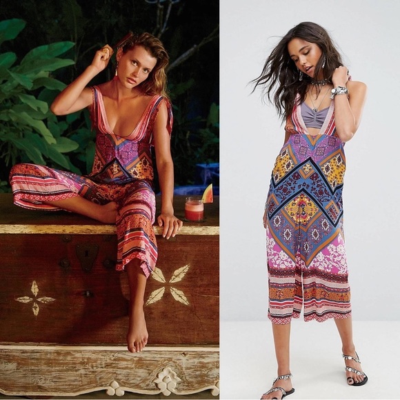 Free People • Maritzah One Piece jumpsuit culotte wide leg romper patchwork boho - Picture 1 of 16